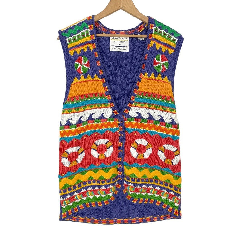 VTG Marisa Christina Novelty Sailing Sweater Womens Vest S Cruise Maximalist 90s
